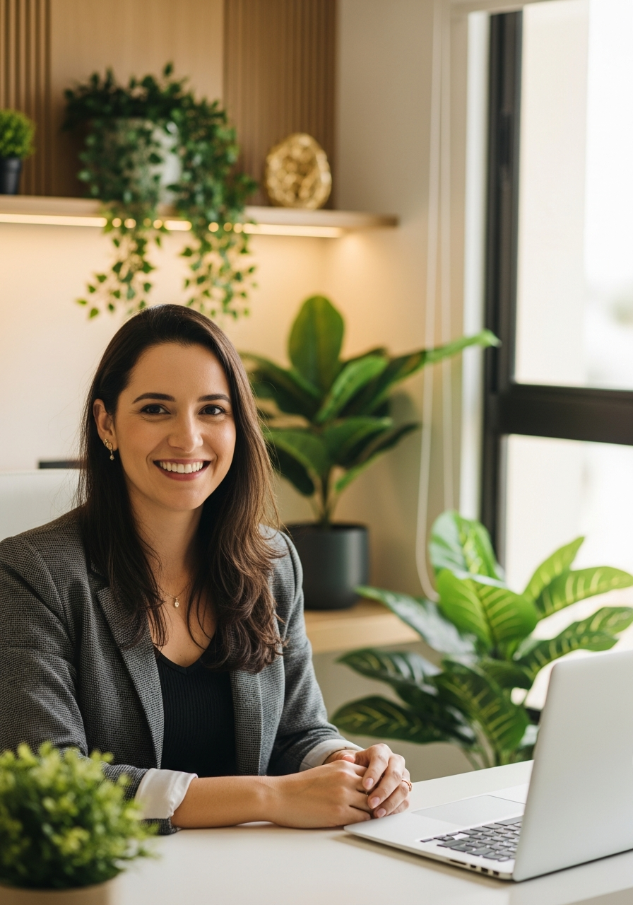 Psicóloga feliz em seu consultório