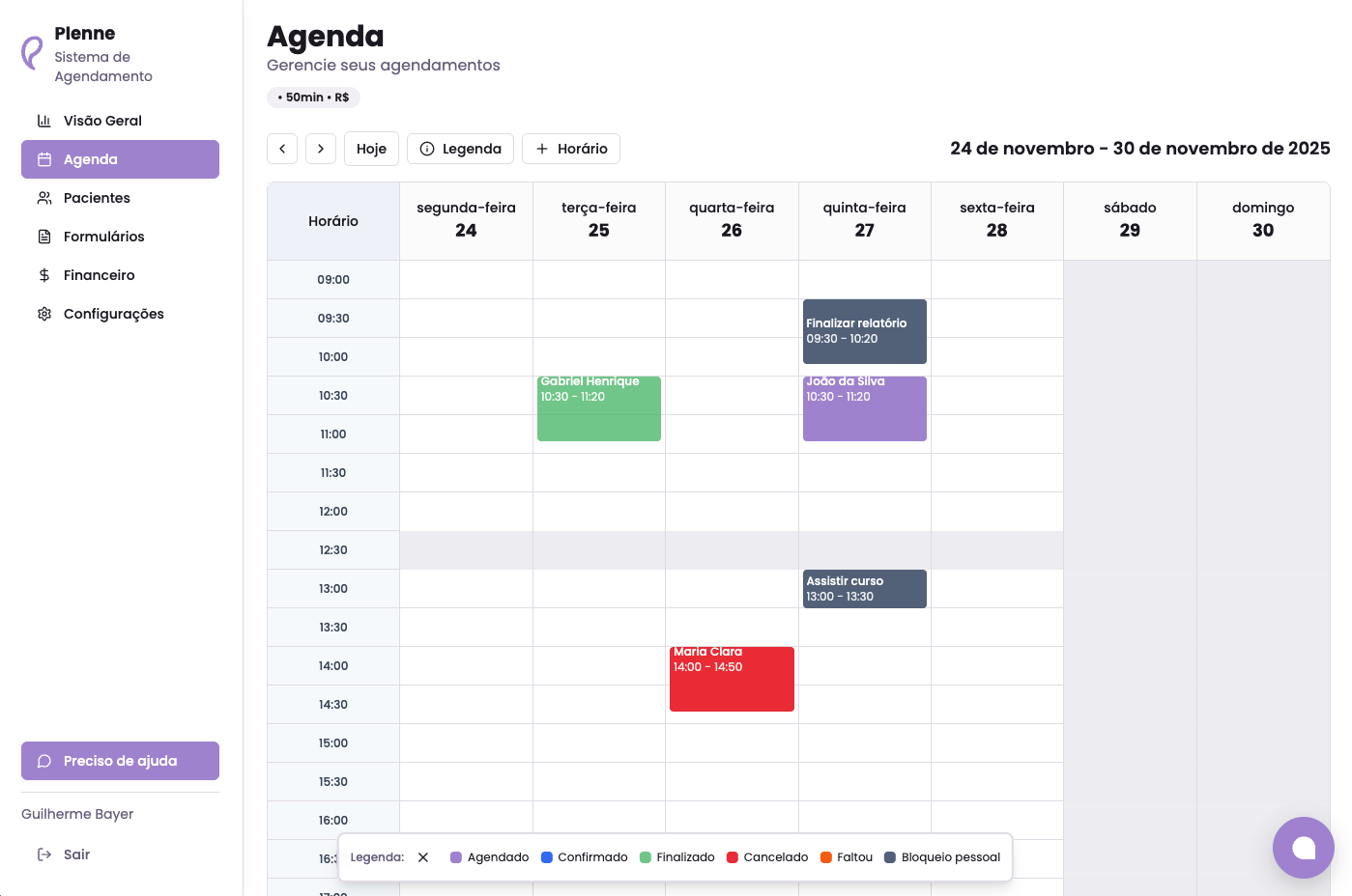 Agenda com bloqueios pessoais