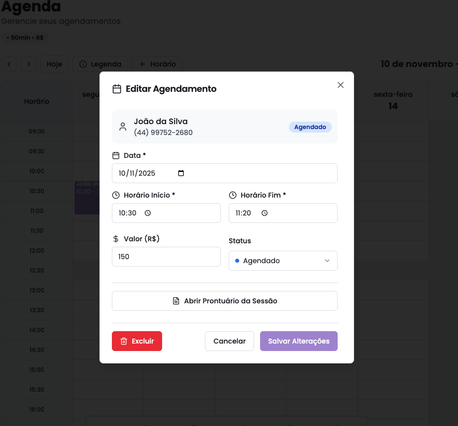Modal de edição de agendamento com botão de excluir