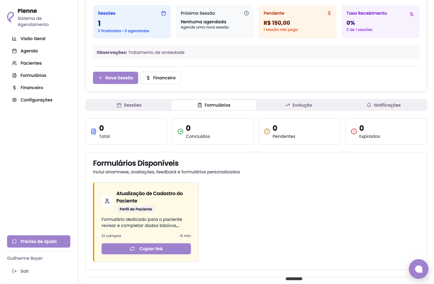 Na aba de formulários do paciente, você pode gerar um link de atualização cadastral