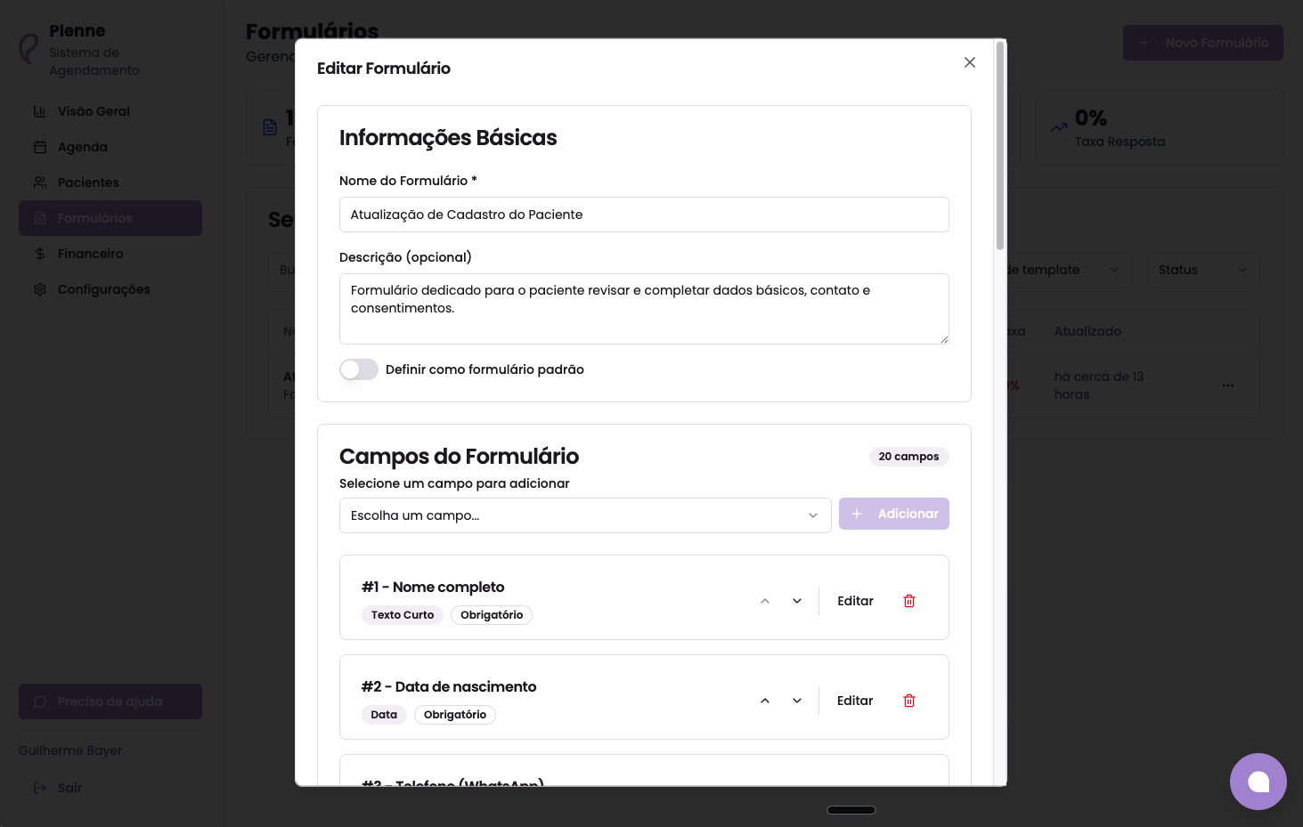 Na página de formulários, você pode editar o formulário de atualização cadastral