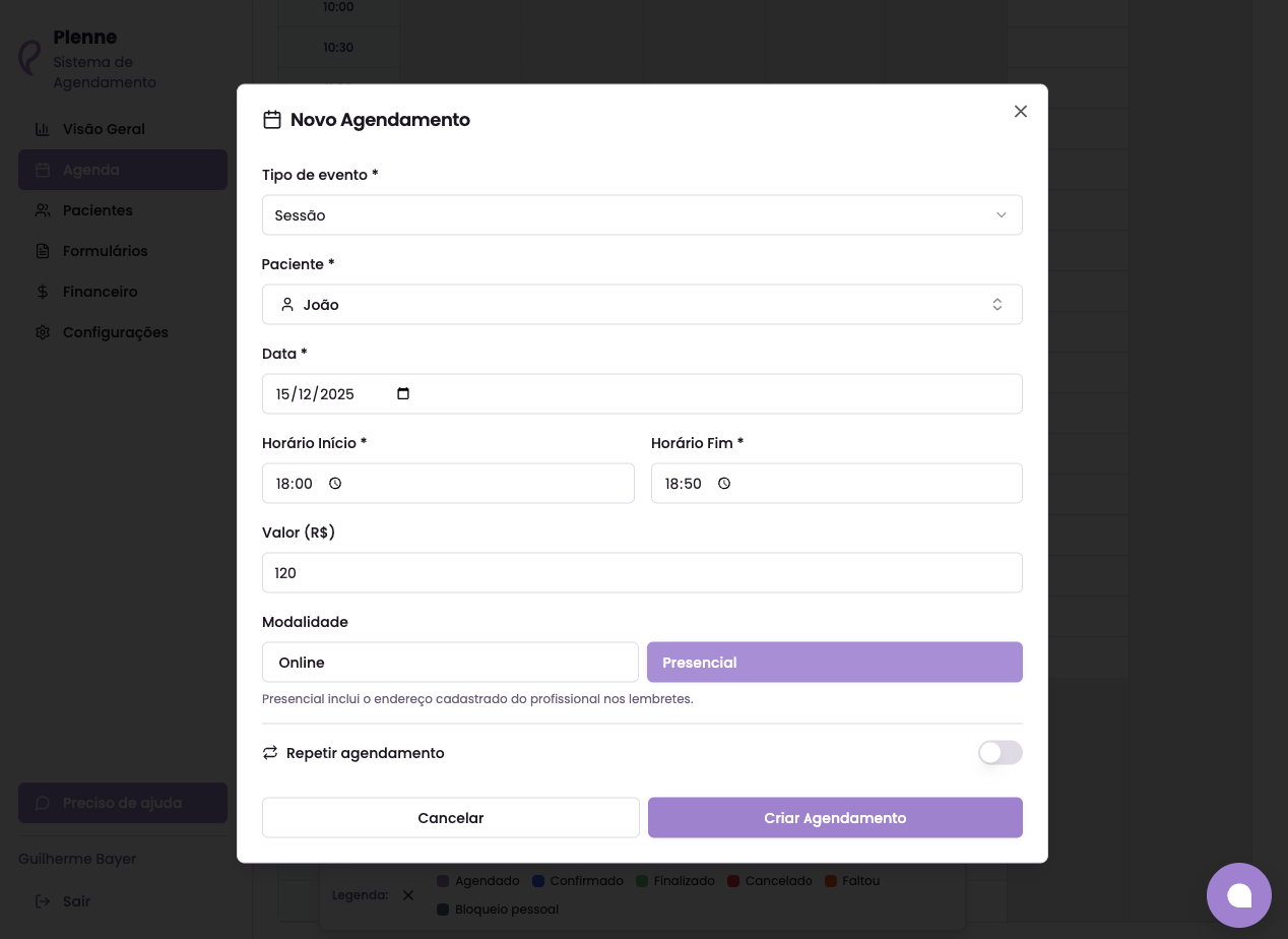 Modal de novo agendamento com seleção de modalidade