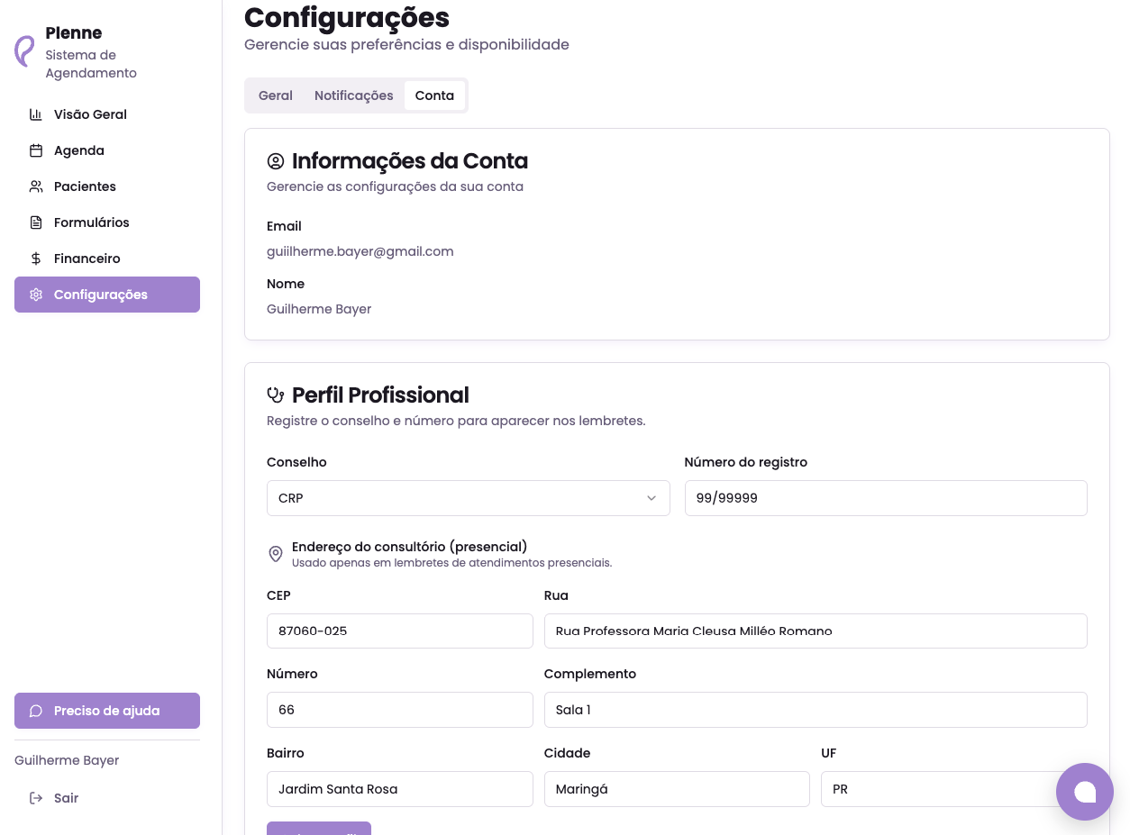 Seção de perfil profissional com conselho e endereço