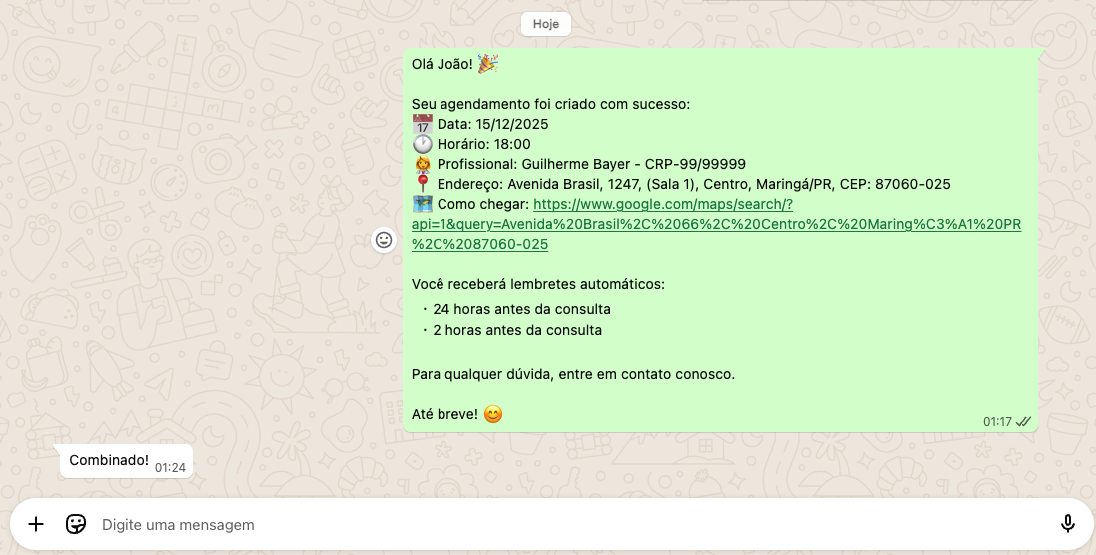 Exemplo de lembrete no WhatsApp com conselho e endereço