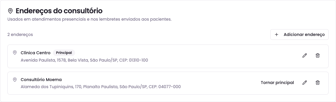 Lista de endereços do consultório nas configurações da conta