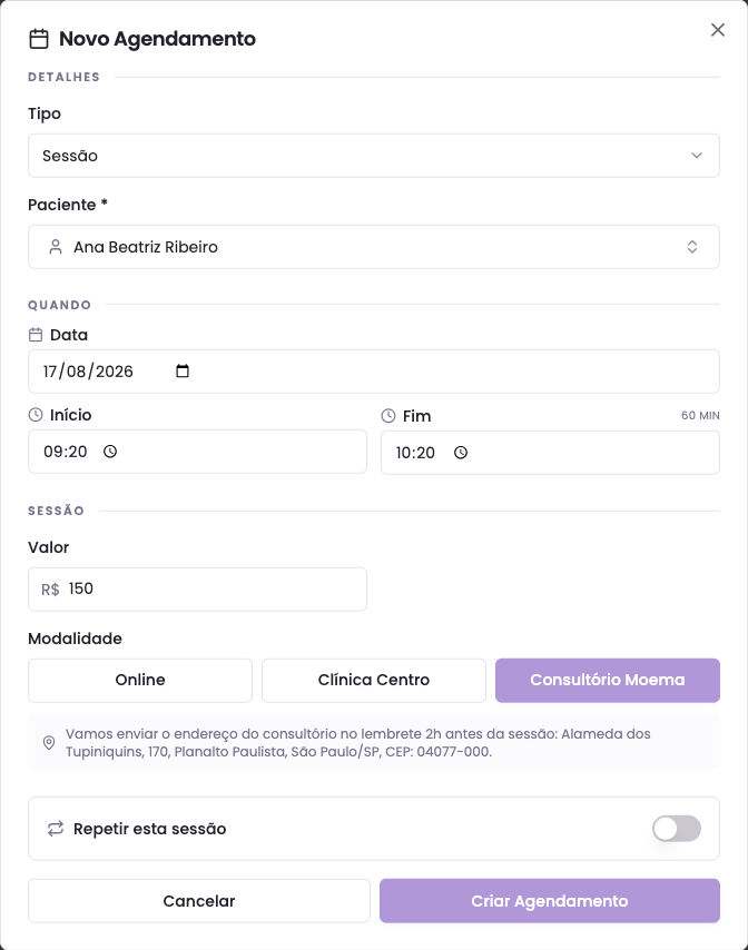 Modal de novo agendamento com um endereço selecionado na modalidade