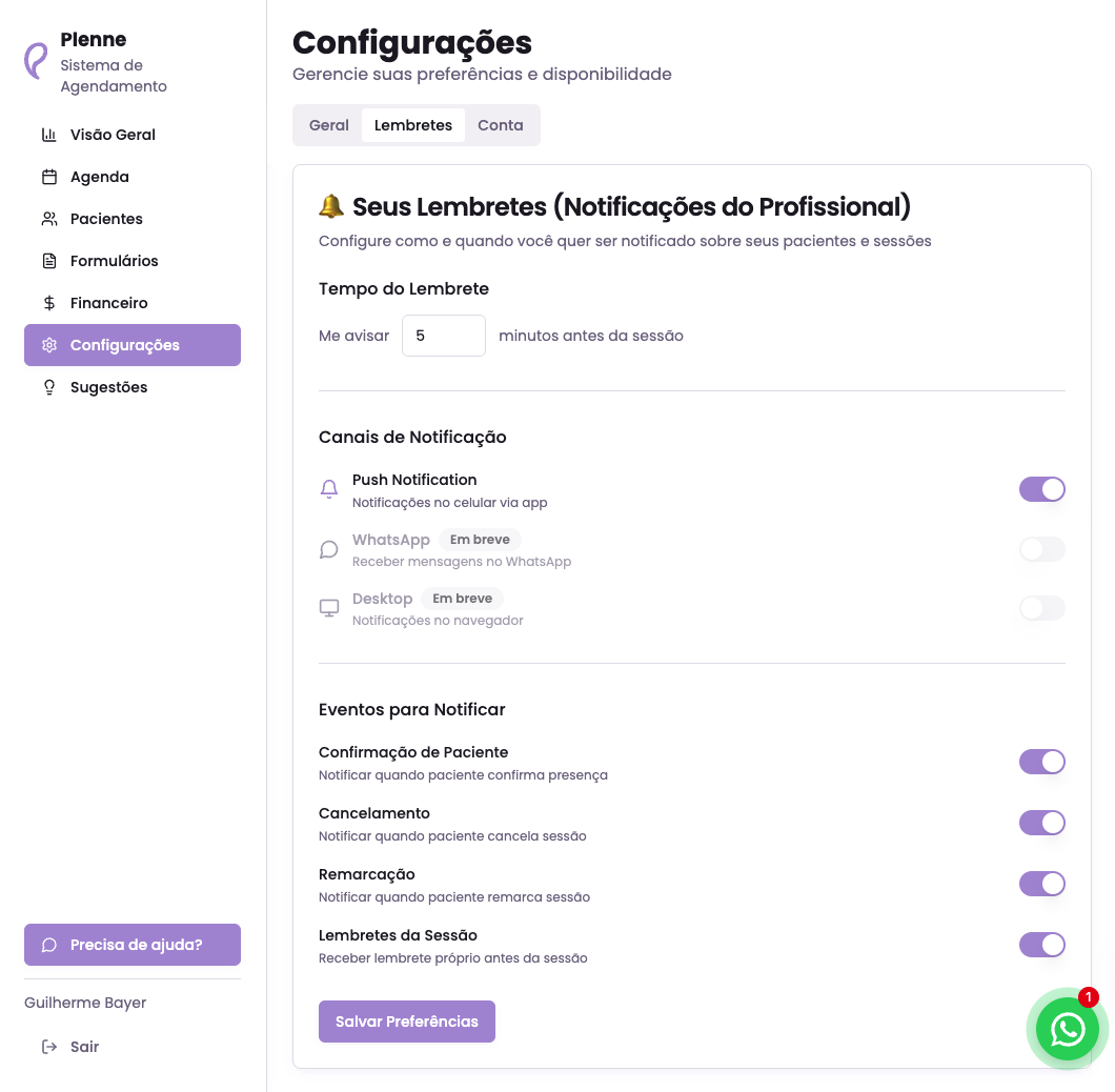 Seção de notificações do profissional
