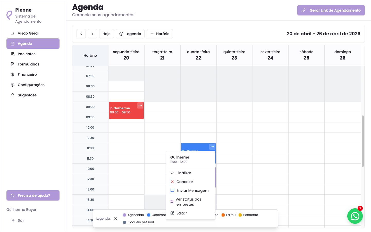 Menu de ações rápidas com a opção "Ver status dos lembretes"