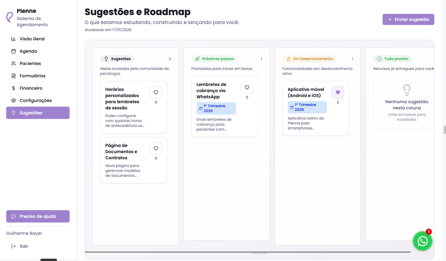 Página de Sugestões e Roadmap com as colunas de status